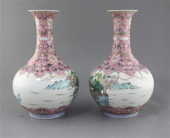 A pair of Chinese famille rose bottle vases, Republic period, height 36.5cm